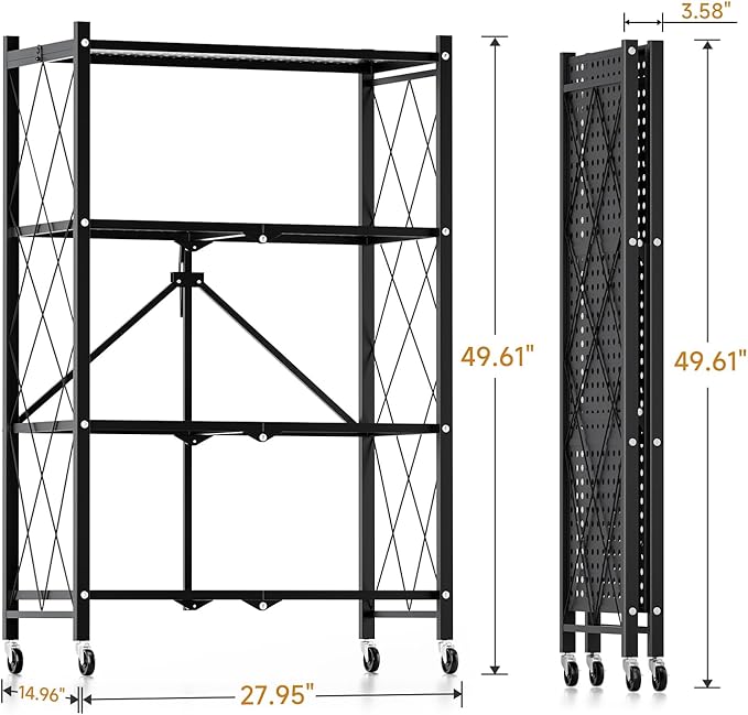 Simple Deluxe 4-Tier Folding Storage Shelves, 27.95" W x 14.96" D x 49.61" H Foldable Shelving Unit, 1000 Lbs Loading Capacity, Black