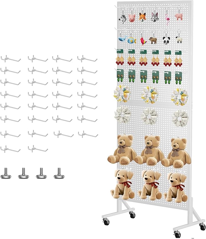 Peg Board Display Stand 24" X70” Metal Pegboard on Wheels Heavy Duty Standing Rack Organizer Panels Units with 30 Hooks and T-Base for Ornament Retail & Vendors Craft Show Store Display