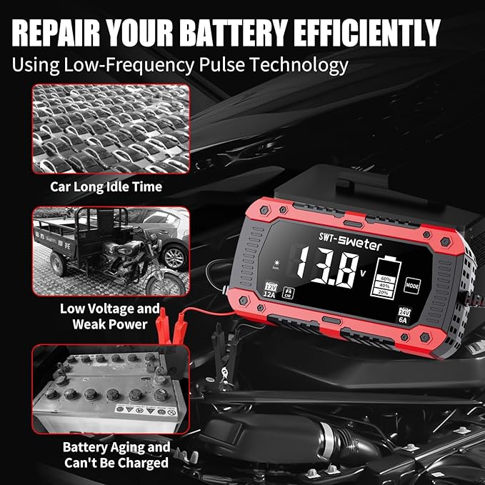 12A Smart Car Battery Charger, 12V/24V Automatic Battery Maintainer & Desulfator - Compatible with LiFePO4 Lithium, AGM, Gel, SLA, Lead-Acid for Truck, Motorcycle, Lawn Mower, Boat