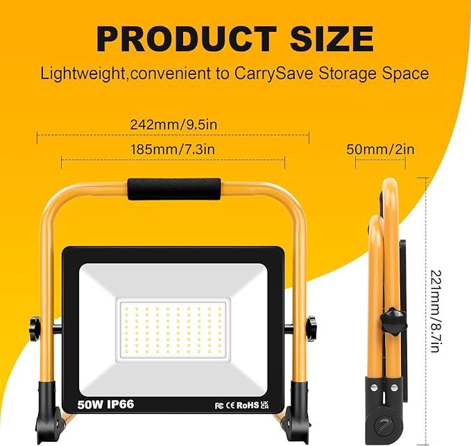 Willpower Portable LED Work Light 50W Job Site Lights 5000LM IP66 Waterproof Construction Floodlights Outdoor with Stand 6000K Daylight White for Camping Workshop Garage with 3.5m Wire Plug
