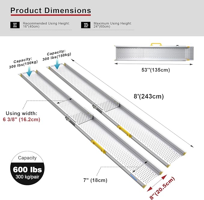 Ruedamann 8FT Portable Wheelchair Ramp, 600 lbs Per Pair Capacity, Adjustable Aluminum Ramps for Wheelchairs, 8" Width Wheelchair Ramps for Home Steps, Doorways, Curbs, 2Pcs
