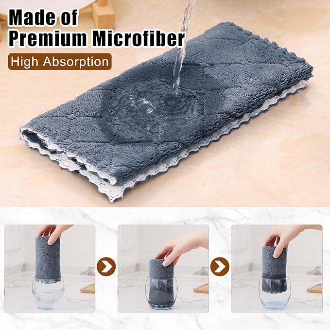 Mordimy 12 Pack Kitchen Towels (20" x 10", Dark Grey & White), Super Soft and Absorbent Dish Towels, Coral Velvet Microfiber Cleaning Cloth, Nonstick Oil Fast Dry Dish Cloths