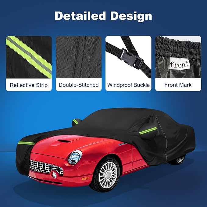 QUNSUNUS Car Cover for Ford Thunderbird 2002-2005, Waterproof Thunderbird Car Covers with Cotton Lining, All Weather Cover with Straps and Zipper for Wind, Sun and Dust Protection