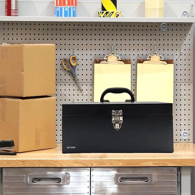 16" Portable Metal Toolbox Large Tool Box 18-Gauge Fishing Tackle Box Tool Box Drawer Organizer Steel Toolbox With Metal Latch and Handle Black
