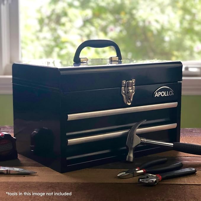 Apollo Tools 14 Inch Steel Tool Box with Deep Top Compartment and 2 Drawers in Heavy-Duty Steel With Ball Bearing Opening and Powder Coated Finish Black