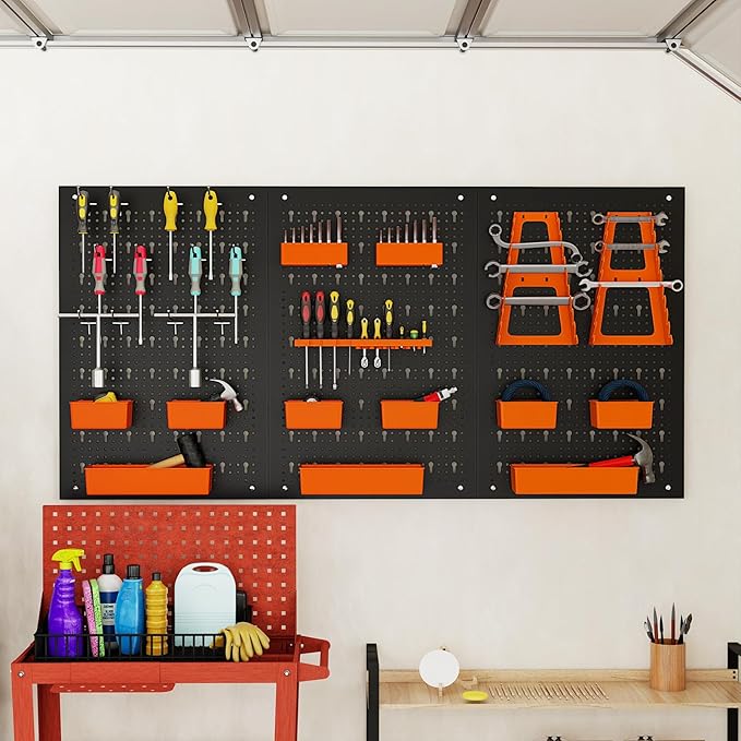 Goplus Pegboard Wall Organizer, 9-Bin Parts Rack Organizer w/Hammer Racks, Tool Holders & Hooks, Heavy-Duty Utility Tool Storage Board w/Accessories for Garage, Workshop, Craft Room