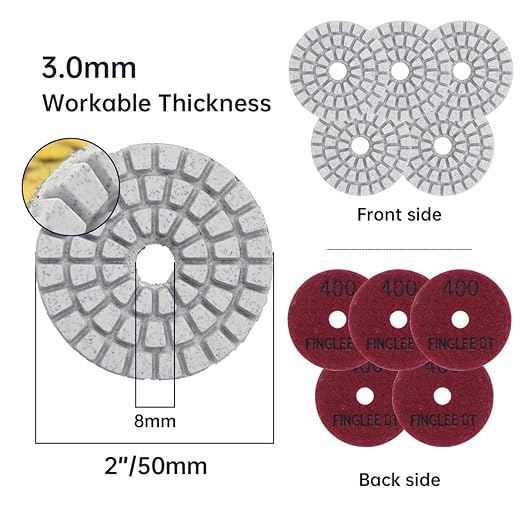 2 Inch Diamond Polishing Pads with 7Pcs Dry Wet Granite Stone Polish Pad Kit for Drill，50-3000 Grit Polishing Pad (5Pcs 400#（Dry/Wet）)
