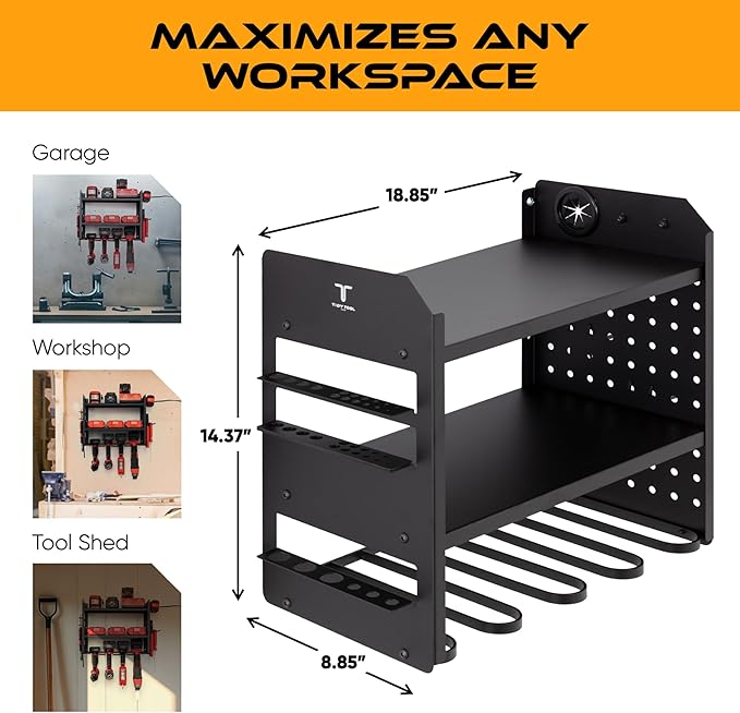 Power Tool Organizer Wall Mount, 4 Layer Heavy Duty Metal Tool Storage Rack with 4 Drill Holders, Pegboard Side Panels & Hooks, Garage Tool Organizer Wall Mount for Cordless Tools, Workshop, Shed