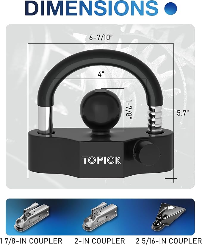 TOPICK Heavy-Duty Trailer Coupler Lock with PVC-Coated U-Bolt, Universal Fit for 1-7/8", 2", 2-5/16" Hitch Couplers, Anti-Theft Security for RV, Boat, Utility Trailers, Black