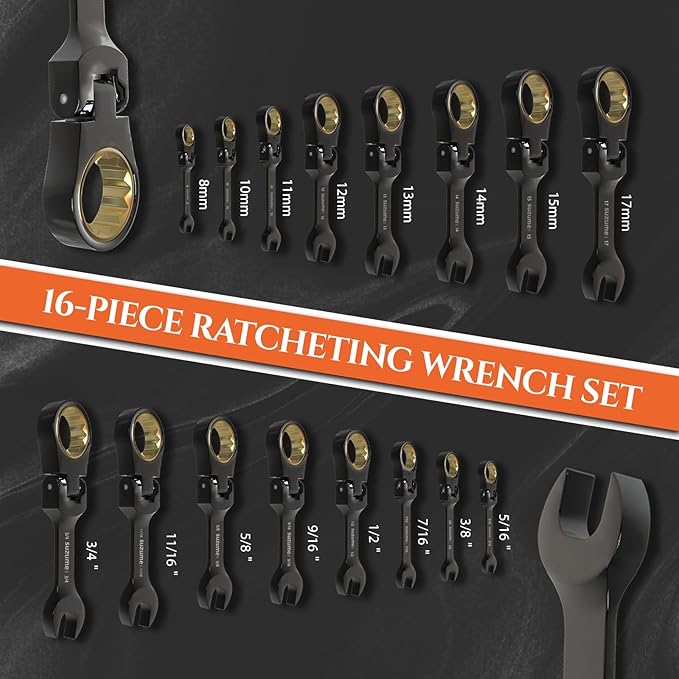 SUZUME Stubby Wrenches Set 16PCS Metric (8-17mm) & SAE (5/16” To 3/4”) 180° Flex Head Stubby Ratcheting Wrench Set Cr-V 90-Tooth for Tight Spaces & Motorcycle Repair with Rolling Pouch
