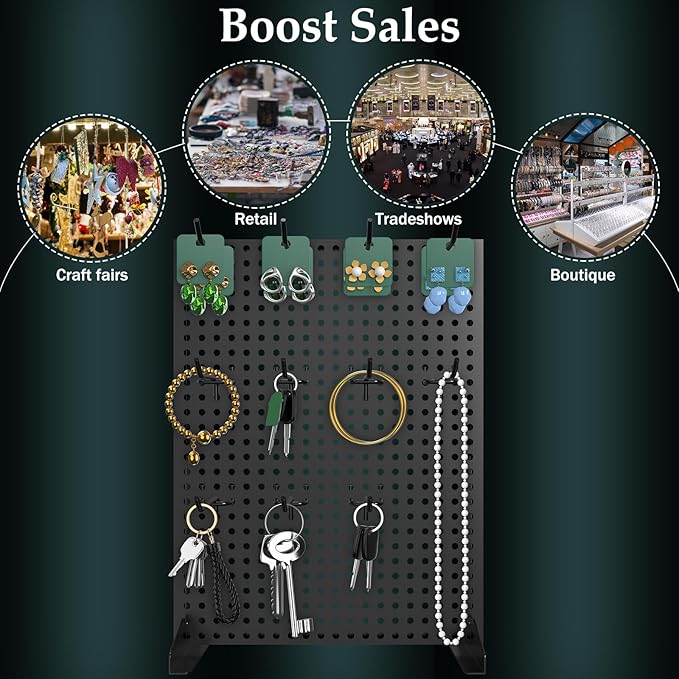 Peg Board Display Stand for Tabletop 13" × 17" 2Pcs Metal Standing Pegboard Display Stands with 24 Hooks Earring Jewelry Ornament Display Rack Organizer for Vendor Events Retail Store Craft Show