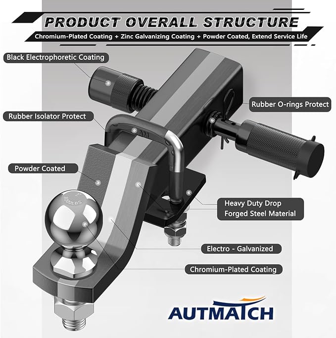 AUTMATCH Trailer Hitch Ball Mount with 2 Inch Hitch Ball - Fits 2" Receiver with Hitch Tightener, 8000Lbs Capacity Ball Hitch, 2-Inch Drop with 5/8" Hitch Lock Pin, Gunmetal
