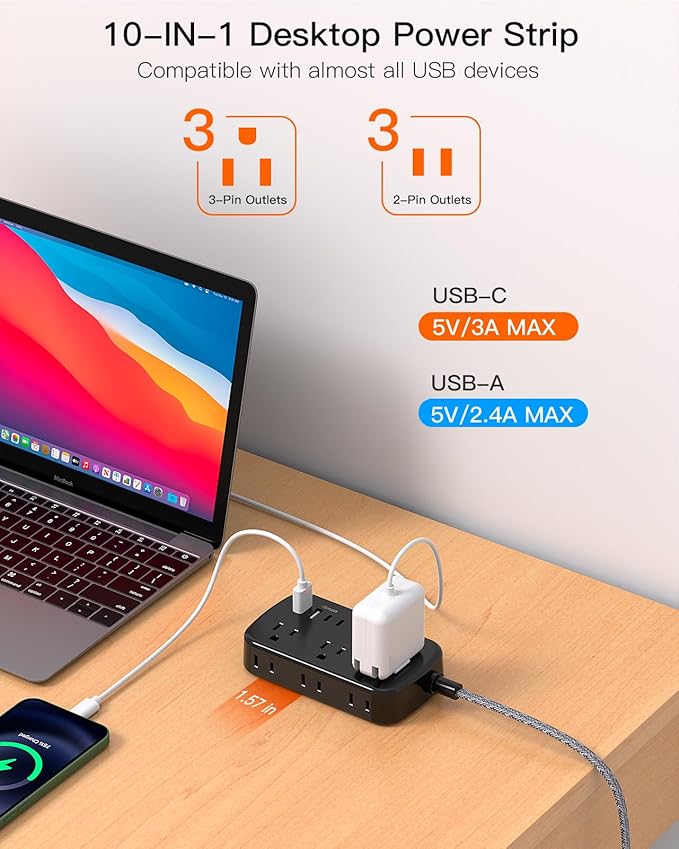 Black Extension Cord, BESHON 5FT Flat Plug Power Strip with USB C, 6 Outlets 4 USB Port(2 USB C), No Surge Protector, Cruise Ship, Dorm Room Travel Essentials