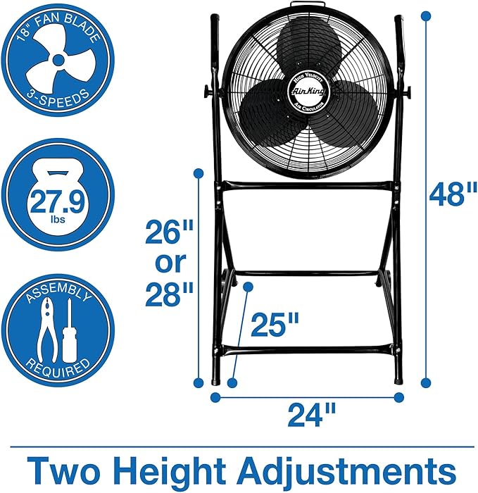 Air King 9219 18-Inch Industrial Grade High Velocity Roll-About Stand with Fan,Black