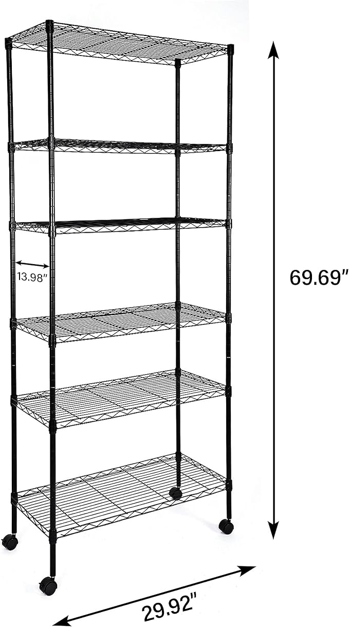Simple Deluxe Heavy Duty 6-Shelf Shelving, 29.92'' D x 13.98'' W x 71.65'' H Adjustable Wire Shelving with Hanging Hooks and Wheels, Black
