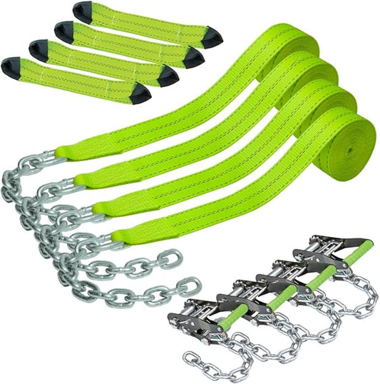 VULCAN 8-Point Vehicle Tie Down Kit with Chain Tails on Both Ends - Set of 4 - Reflective High-Viz
