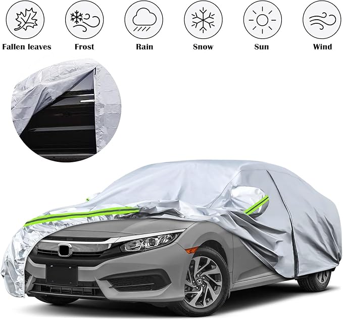 Waterproof Car Covers Replace for 2011-2025 Honda Civic Sedan, 6 Layers All Weather Custom-fit Car Cover with Zipper Door & Windproof Bands for Snow Rain Dust Hail Protection (Civic)