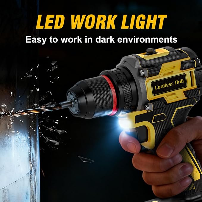 Cordless Drill, 21V Brushless Power Drill with Dual 2.0Ah Power Pack and Charger, Electric Drills Set, 3/8" Metal Chuck, 25+1 Torque, 2 Speed Compact Drills with 87PCS for DIY, Home Repair & Gift