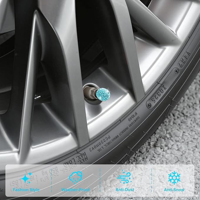 JUSTTOP 4 Pack Handmade Crystal Rhinestone Car Tire Valve Stem Caps, Car Wheel Tire Valve, Attractive Dustproof Bling Car Accessories, Universal for Cars, Trucks and Motorcycles-Pale Blue