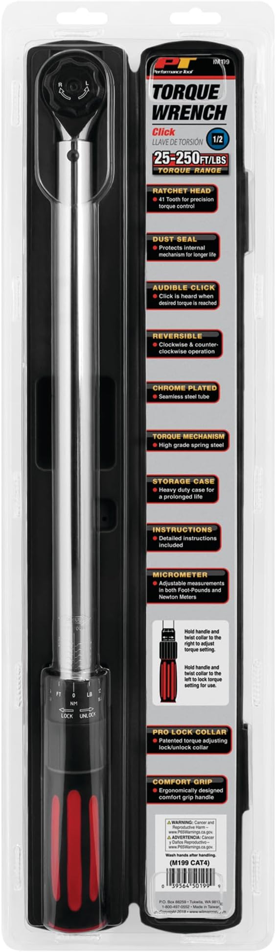Performance Tool M199 1/2-Inch Drive Click Torque Wrench With Patented Torque Adjusting Locking Collar (25 to 250 ft/lb)