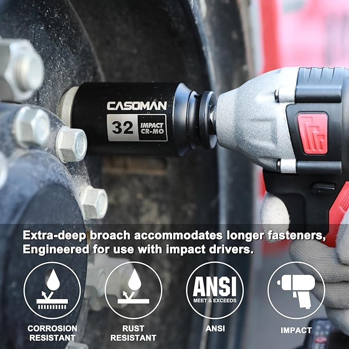 CASOMAN 1/2'' Drive Deep Spindle Axle Nut Impact Socket Set, 6 Point, CR-MO,32,33,35,36mm, 4PC 1/2-Inch Impact Socket Set, Heavy Duty Use In Removing And Installing Axle Nuts