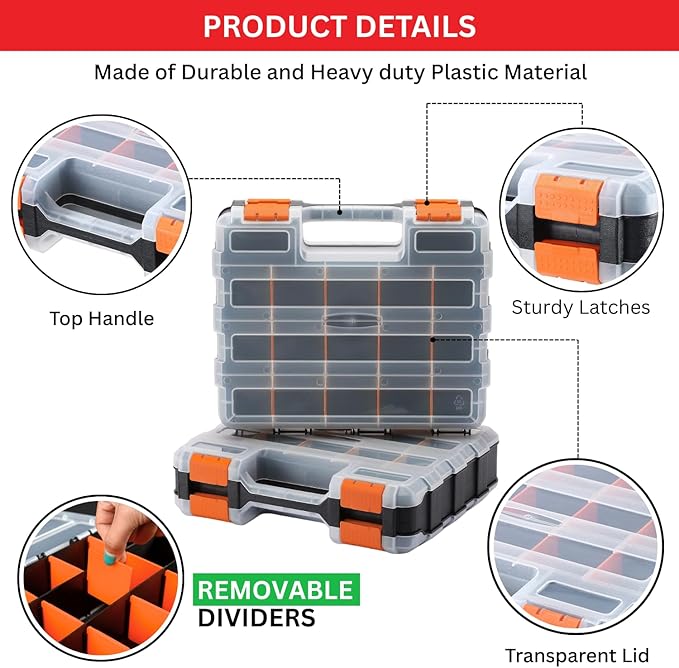 Andalus Tools Organizer Box, Small Parts Storage 34-Compartment Double-Sided Portable Hardware Organizer Removable Plastic Dividers for Screws, Nuts, Bolts, Nails – Orange (2 Pack, 12.5" x 10.5" x 3")