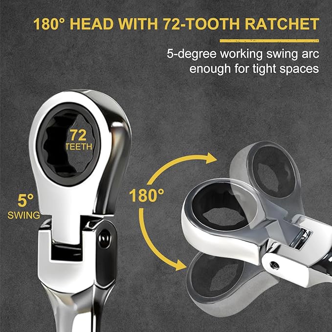 Egofine Flex Head Ratcheting Wrench Set 10 Piece, SAE Wrench Set, CR-V Steel 1/4" to 3/4" Wrench, 72-Teeth Combination wrench set, Chrome plated Ratchet Wrenches Set with Tool Roll Bag