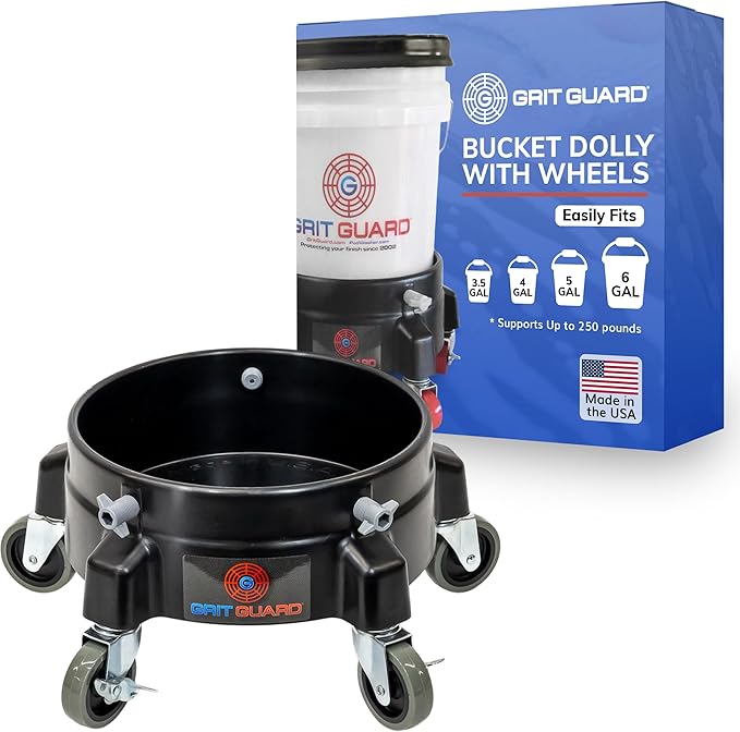 Grit Guard Bucket Dolly with Wheels - Rolling Detailing Wash Bucket with 5 Wheels and 2 Locking Casters Compatible with 2.5, 4, 5 and 6 Gallon Buckets (Black, 3" Grey Casters)