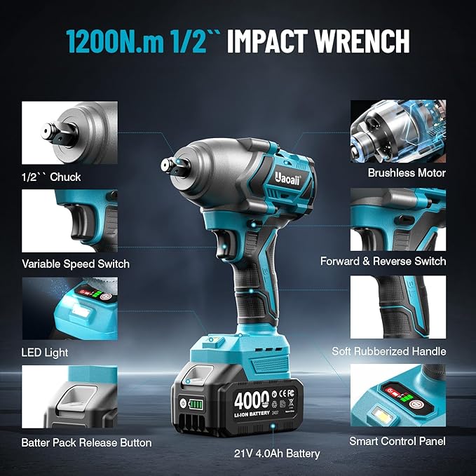 1/2 Impact Wrench 1200N.m, 1/2 Impact Gun & 2x 21V 4000mAh Batteries, Fast Charger, 4 Sockets & Storage Box, High Torque Impact Drive for Lug Nuts, Cars, Tires