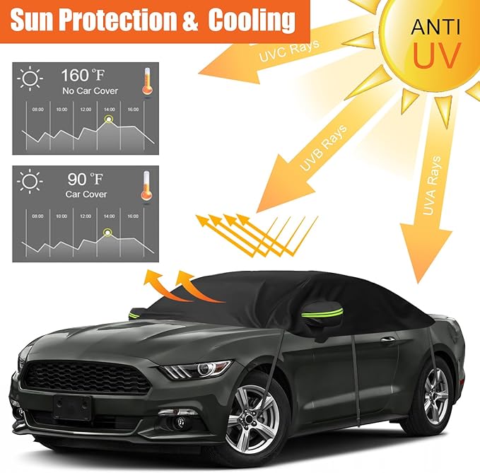 300D Black Oxford Half Car Cover Compatible with 2005-2024 Ford Mustang S-197/S550/S650, Protector Car Body Covers for Windproof Dustproof UV Resistant Protect Your Windshield and Roof
