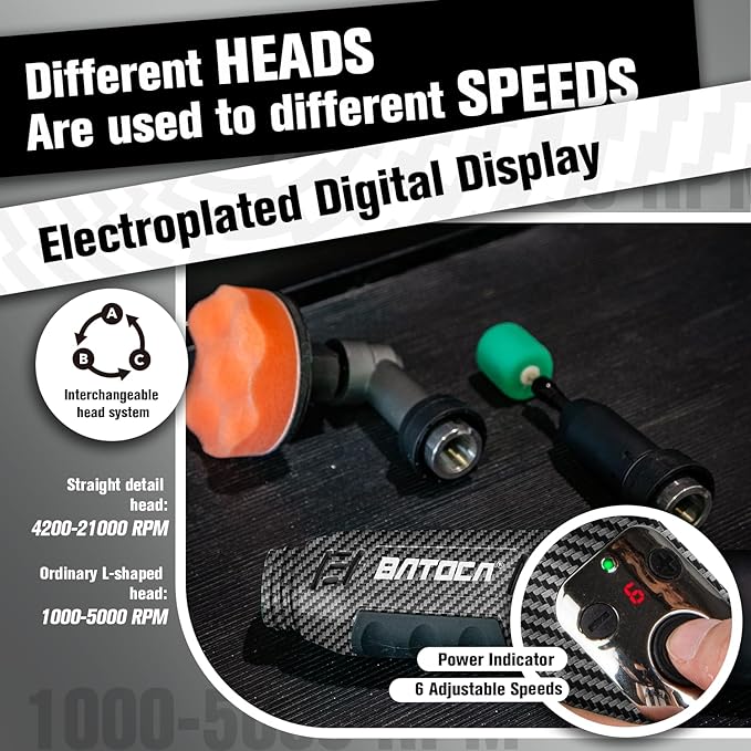 BATOCA S6 Mini Cordless Polisher for Car Detailing, 2x2.0Ah Batteries, 0mm Rotary Buffer & 12mm Dual Action Polisher 1-3 Inch, 2 Different Speeds Heads Systems, 4.2k-21k, 1-5k RPM Carbon Style
