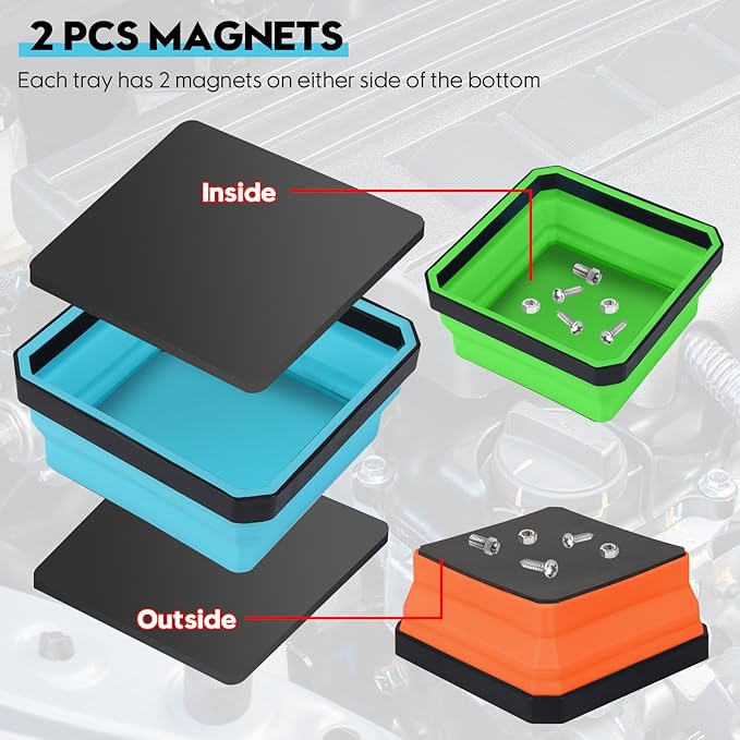Upgrade Collapsible Magnetic Parts Tray Set-4 Pack Magnetic Tool Trays for Screw Bolts Nuts Washers Pins & Small Metal Parts, 4.5” Square Silicone Bowls with Magnetic Base(4 Color)