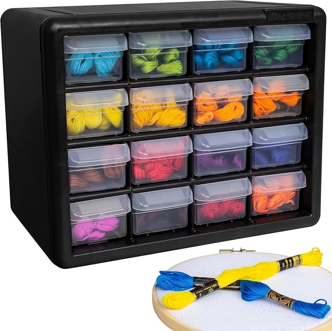 Akro-Mils 16-Drawer Plastic Drawer Storage Cabinet for Garage Organization, Beads, Makeup Organizer, Building Bricks Storage, Teacher Toolbox, 10-1/2" W x 6-1/2" D x 8-1/2" H, 10116 Black