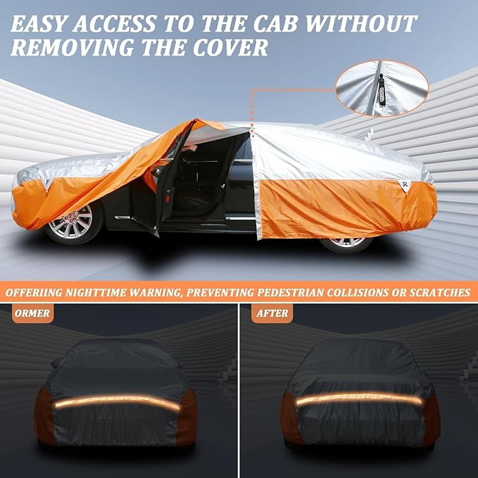Tecoom Waterproof All Weather Sedan Car Cover, Windproof Storm Full Exterior Cover with 3 Gust Straps, Mirror & Door Zipper, UV Sun Snow Protection, Fit for Sedan (170"–190")