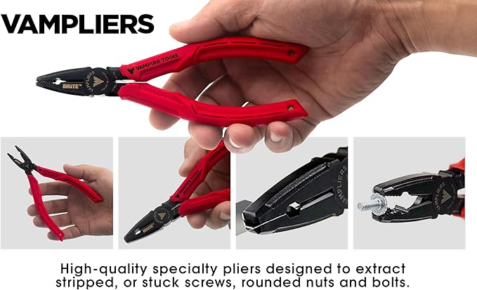 VAMPLIERS 4-PC Screw Extractor Pliers Set. Made in Japan: 8" Linesman, 7.5" Long Nose, 6.25" Black Oxide & 5" ESD Safe Mini Plier. Remove any Stripped/Damaged/Rusted Fasteners