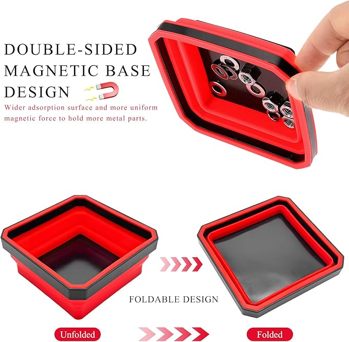 Collapsible Magnetic Parts Tray, 4.5" Square Silicone Tool Tray with Dual-Sided Magnetic Base, Foldable Small Metal Parts Organizer Storage Bowl for Screws Bolts Nuts Washers (Red)