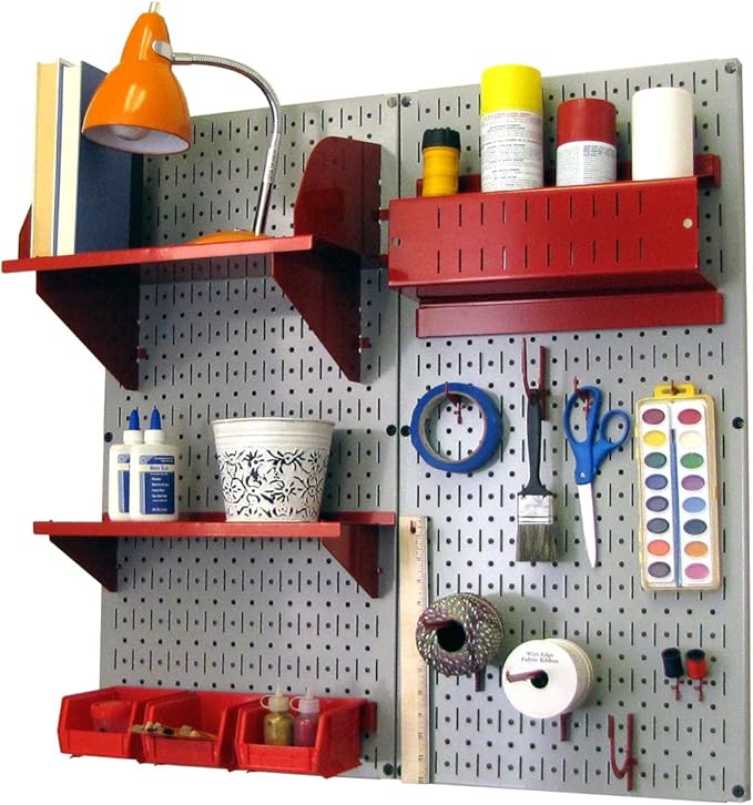 Wall Control Craft & Hobby Pegboard Organizer Storage Kit with Gray Pegboard and Red Accessories