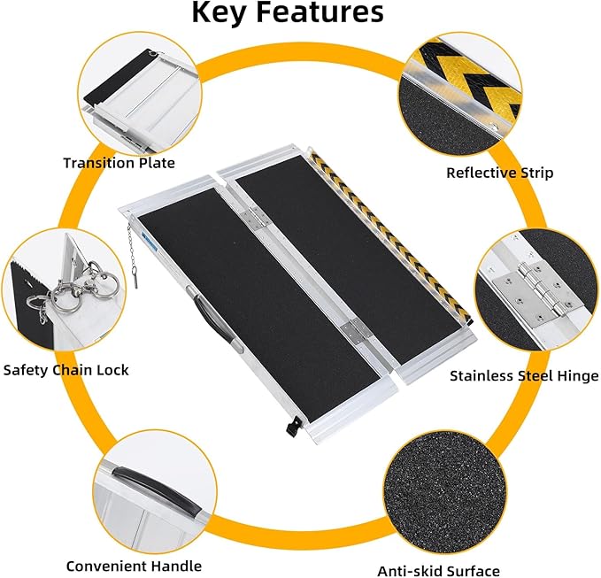 4 FT Portable Wheelchair Ramp for Home Step, Aluminum Handicap Ramp with Non-Skid Surface and Reflective Strips,Weight Capacity 600 LBS