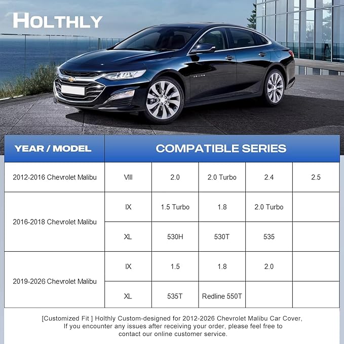 10 Layers Car Cover Custom Fit for Chevrolet Chevy Malibu (2012-2026), Waterproof All Weather for Automobiles, Outdoor Full Cover Sun Dust Rain Protection with Cotton. Silver