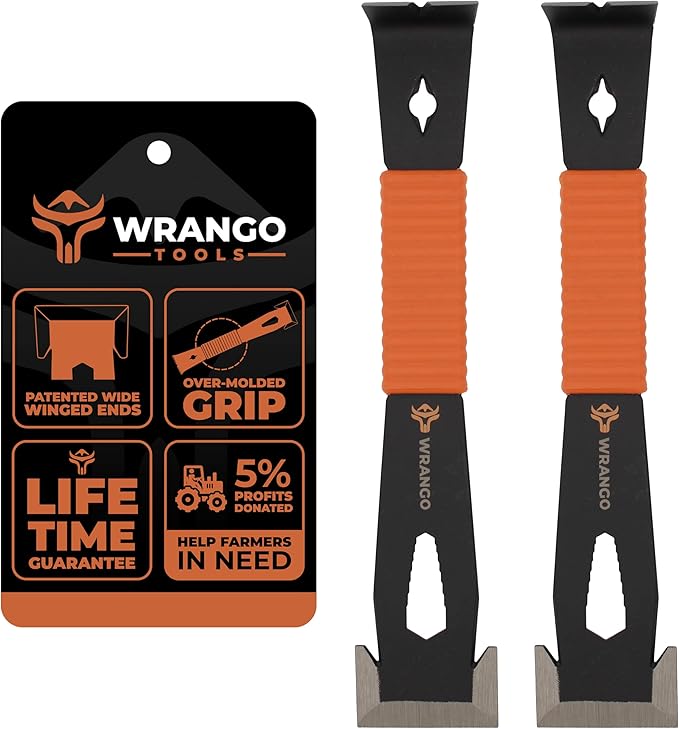 Wrango Tools - 9.5" Trim Bar Pry Bar - Patented Flat Bar Nail Puller with Wide Winged Ends & Shock Absorbing Grip - Lifetime Warranty - 5% Donated To Help Farmers, 2pk
