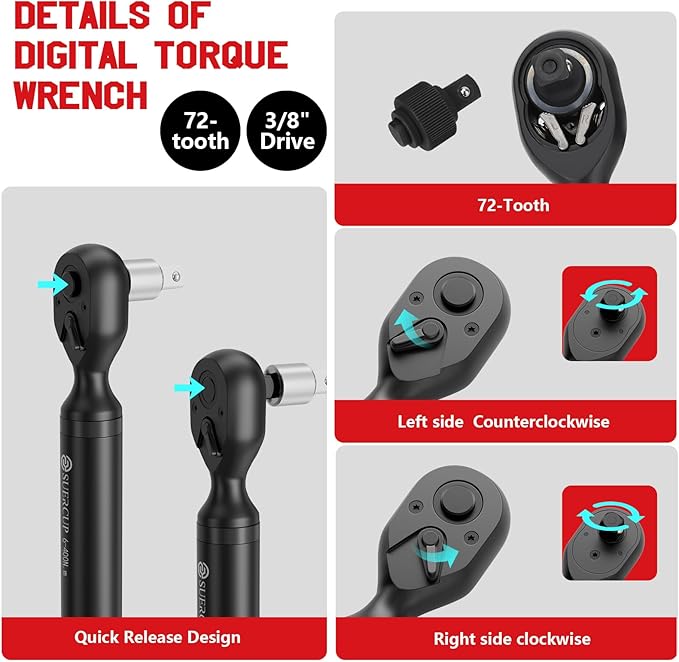 1/2-inch Drive Digital Torque Wrench (4.4-295 Ft.lb/6-400Nm), ±1% Accuracy Digital Torque Wrench with Buzzer and LED Alarm,9 Preset Mode and Four Units of Measure for Car, Moto and Bike, DIY