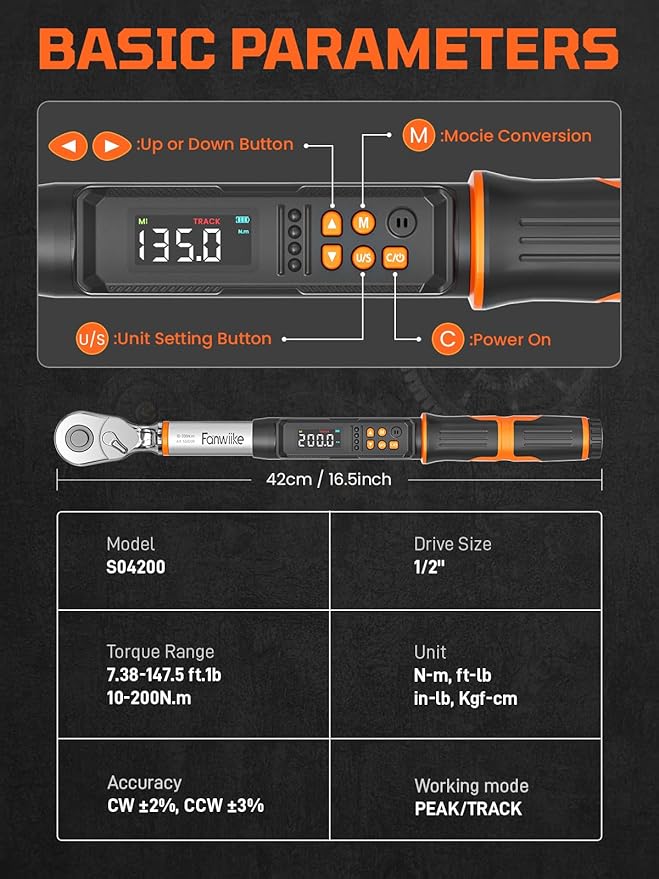 Digital Torque Wrench, 7.38-147.5 ft.lb/10-200 Nm, 1/2" Drive Inch Pound Torque Wrench Electronic with Buzzer & Colorful LED Indicator Cars Automotive
