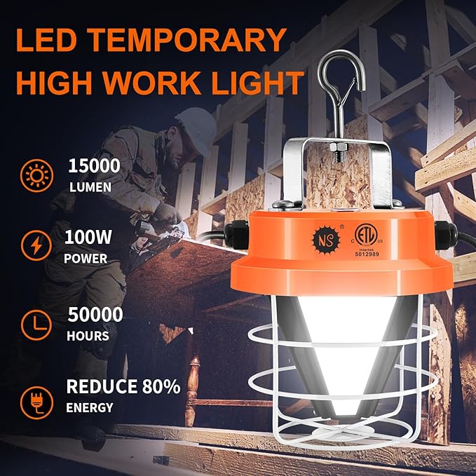 NS 100W Led Temporary Work Light 15000LM Construction Lights 5000K Daylight White Portable Hanging Work Lights for Outdoor Indoor Garage Shop High Bay Warehouse Lighting