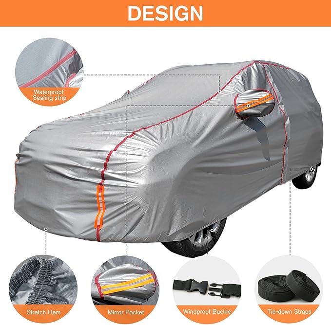 Car Cover Waterproof All Weather, 6 Layers Full Exterior Covers with Zipper Cotton, Mirror Pocket. Outdoor Car Cover UV Snow Rain Wind Dust All Weather Outdoor Protection for SUV (185-190 inch)
