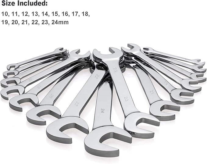 15-Piece Premium Angle Head Open End Wrench Set, Chrome Vanadium Steel, Mirror Chrome Finish | Include Metric Sizes 10, 11, 12, 13, 14, 15, 16, 17, 18, 19, 20, 21, 22, 23, 24mm with Storage Rack