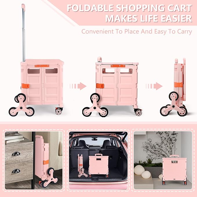 Foldable Utility Cart with Stair Climbing Wheels,Collapsible Rolling Crate with Magnetic Lid Telescopic Cover,Telescoping Handle,360° Rotate Wheel Hand Cart for Teacher Shopping Moving Grocery(Pink)