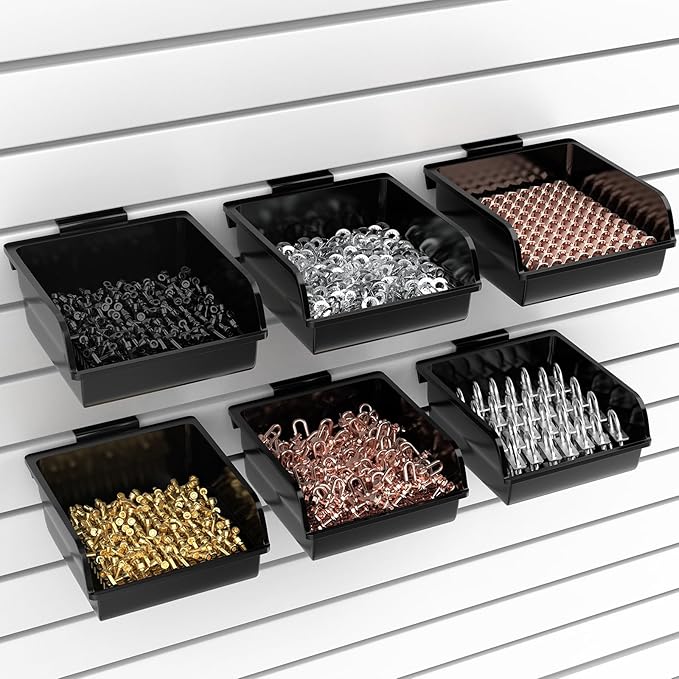 6 Pack Slatwall Bins with Hooks Plastic Slatwall Organizer Slatwall Containers Workbench Bins for Slat Wall Organizing Hardware, Garage, Craft Room, Tool Shed, Hobby Supplies (6, Black)