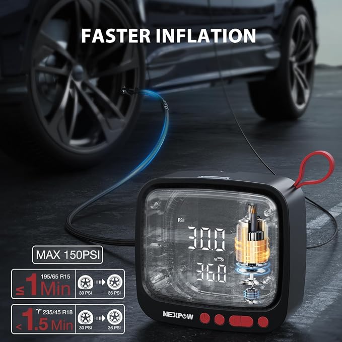 NEXPOW Tire Inflator Portable Air Compressor 150PSI 12V DC Air Pump with Dual Digital Pressure Gauge & Auto Shut-Off, Air Compressor Portable with LED Light for Car, Motorcycle, Bicycle, Ball and More