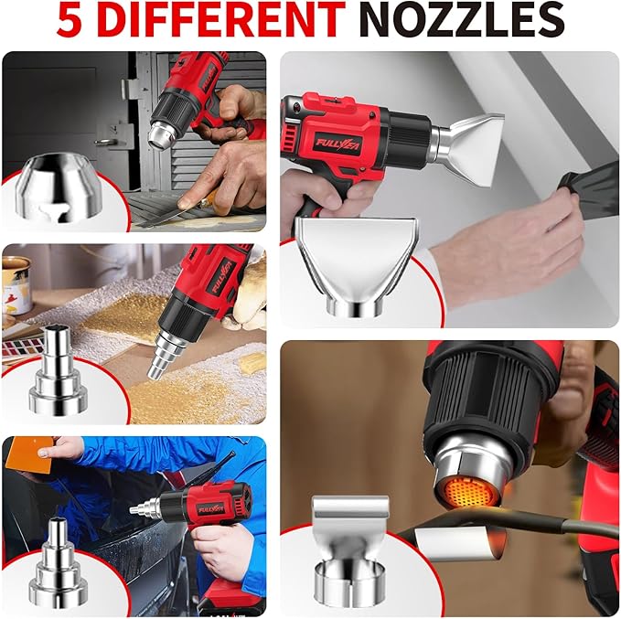 FULLYEA Cordless Heat Gun, Max 1022°F (550°C) Fast Heating, Lightweight Hot Air Gun Kit with 2x4.0Ah Batteries & 5 Nozzles, Portable Heat Gun for Shrink Tubing, PVC Wrap, Crafts (Red)