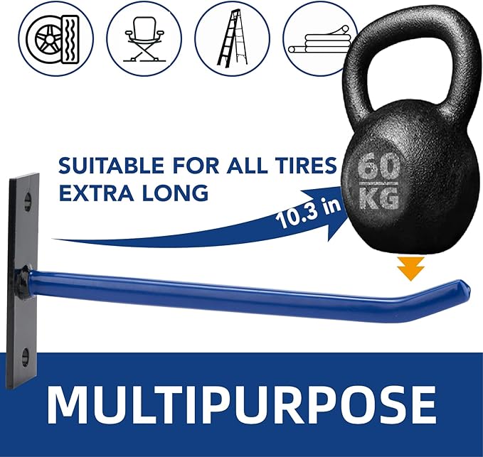 Sinoer 10-Inch Heavy Duty Steel Tire Rack Wall Mount (4-Pack) – Anti-Slip Garage Tires Hooks for Tire, Wheel, Ladder, Bike & Tool Storage – Garage Organization Hanger with Screws & Anchors,Blue